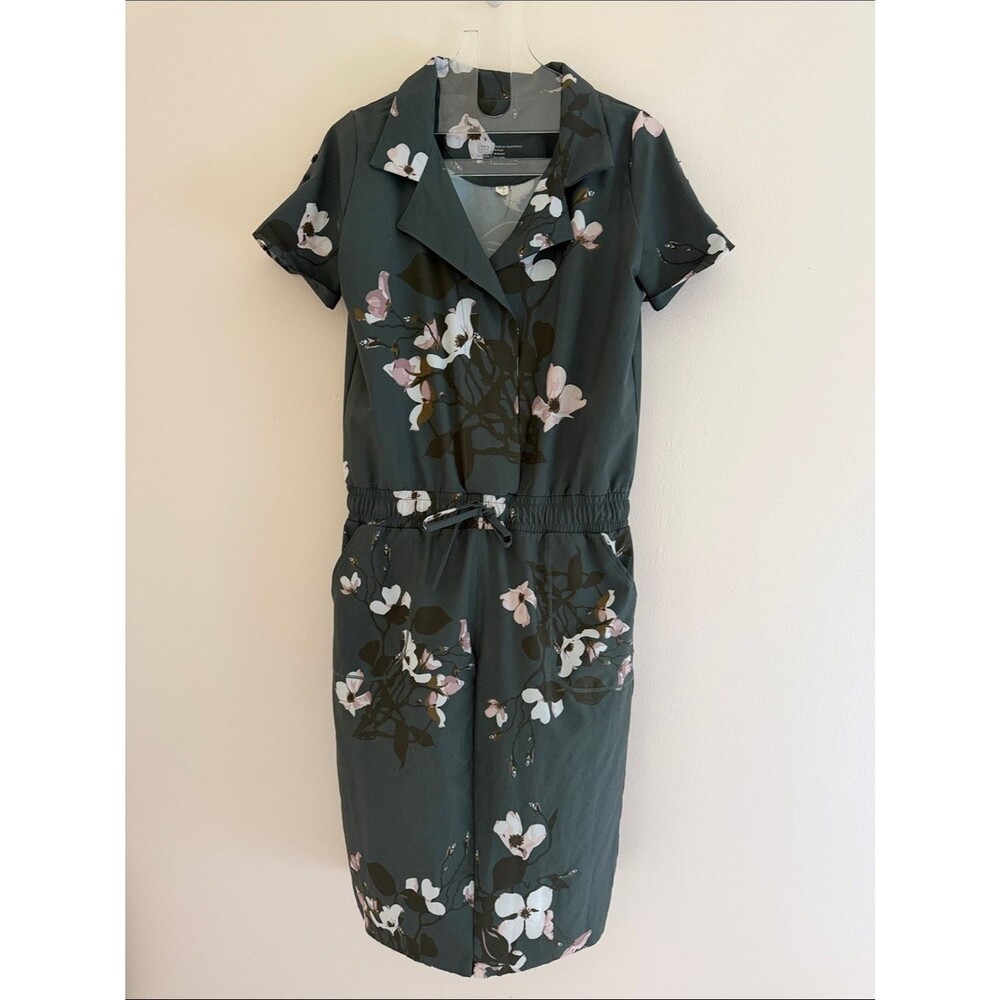 Albion Dark Green Floral Midi Dress with Drawstring Waist Sz S